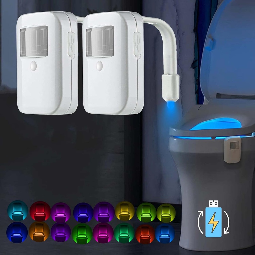 2 Pack Rechargeable Toilet Night Lights with Motion Activated Sensor, 16 Colors LED Nightlight Inside Bowl, Cool Bathroom Accessories, Funny Gadgets for Kids/Men/Dad, Fatherday Gift