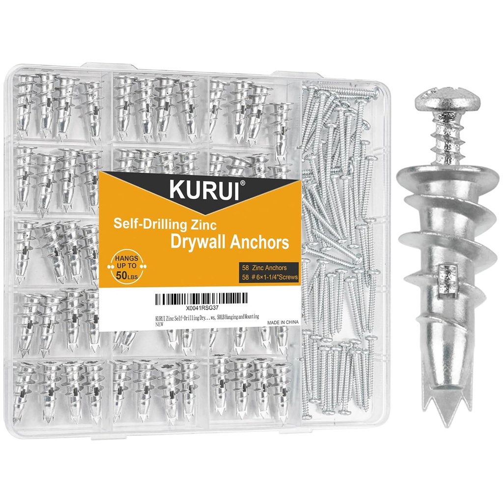 KURUI Metal Self Drilling Drywall Anchors, 116PCs Shatter-Resistant Wall Anchors and Screws Kit, 58 Heavy Duty Sheetrock Anchors + 58#6 x 1-1/4'' Screws, Zinc Hollow Dry Wall Anchors 50LB Hanging