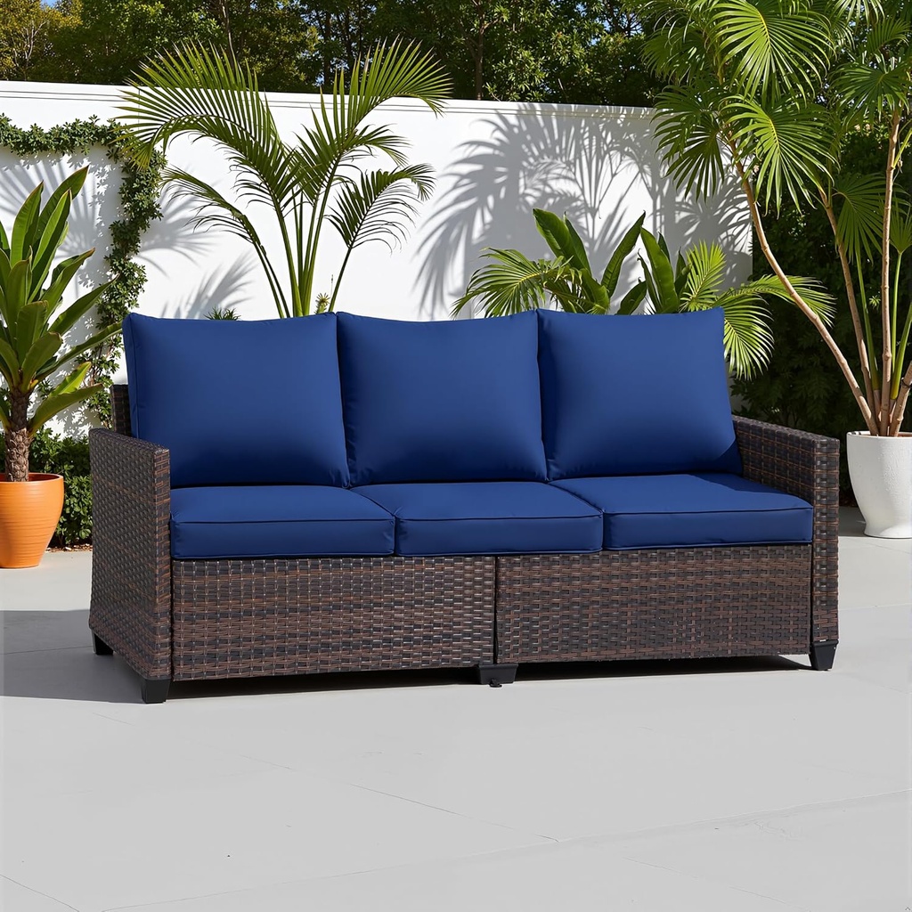 3-Seater Deep Seat Outdoor Sofa - High Back Patio Couch with Water-Resistant Cushions, All-Weather PE Rattan for Patio, Garden (Modern Design) (Blue)