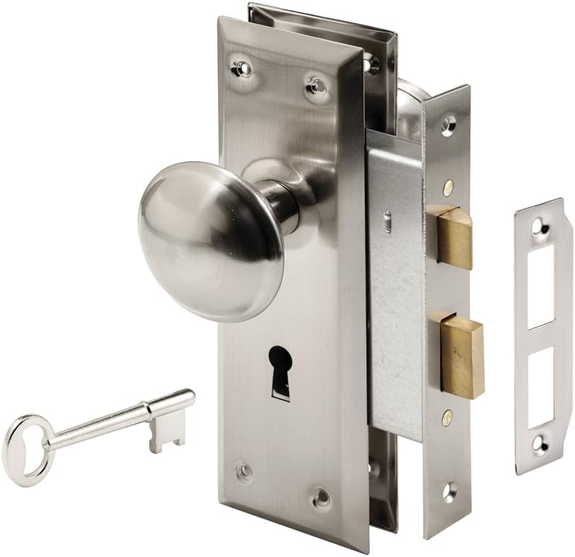 Prime-Line E 2330 Mortise Keyed Lock Set with Satin Nickel Knob – Perfect for Replacing Broken Antique Lock Sets and More, Fits 1-3/8 In.-1-3/4 In. Interior Doors, Satin Nickel (Single Pack)
