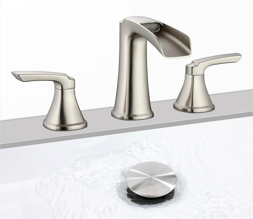 Brushed Nickel Waterfall Bathroom Faucet, Sanliv 3-Piece Widespread Bathroom Sink Faucets, 2-Handle Vanity Faucet for 3-Hole Sinks 4-8 Inch with Pop-Up Drain, Brushed Nickel