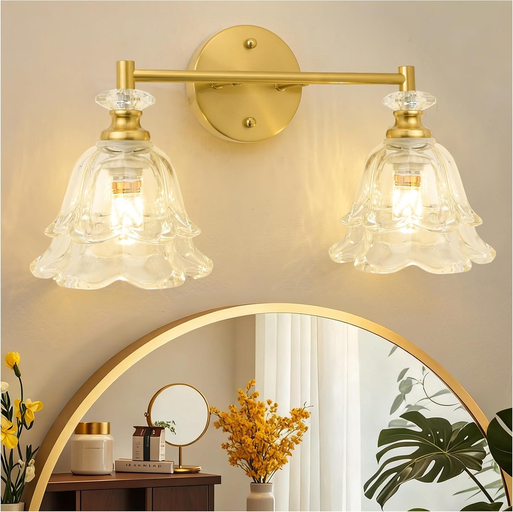 Vintage Bathroom Light Fixtures Over Mirror,Gold Vanity Light for Bathroom,2 Light Brass Vanity Light with Flower Glass LampShade for Bedroom Living Room Hallway (Clear, 2-Light)