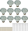 uxcell 10Pcs Ceramic Knobs, 34mm/1.34" Flower Pattern Mushroom Knob Raised Base Drawer Pull Handle Vintage Wardrobe Knobs with Screws for Vanity Bedroom Furniture Closet, Green