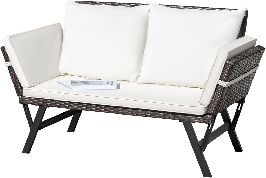 Greesum Outdoor Sofa, Woven Rattan Patio Furniture, Convertible Daybed or Double Chair with Adjustable Armrests, Cushions and Pillows for Yard, Porch, Pool, Brown Lounger & Beige Pillowcase