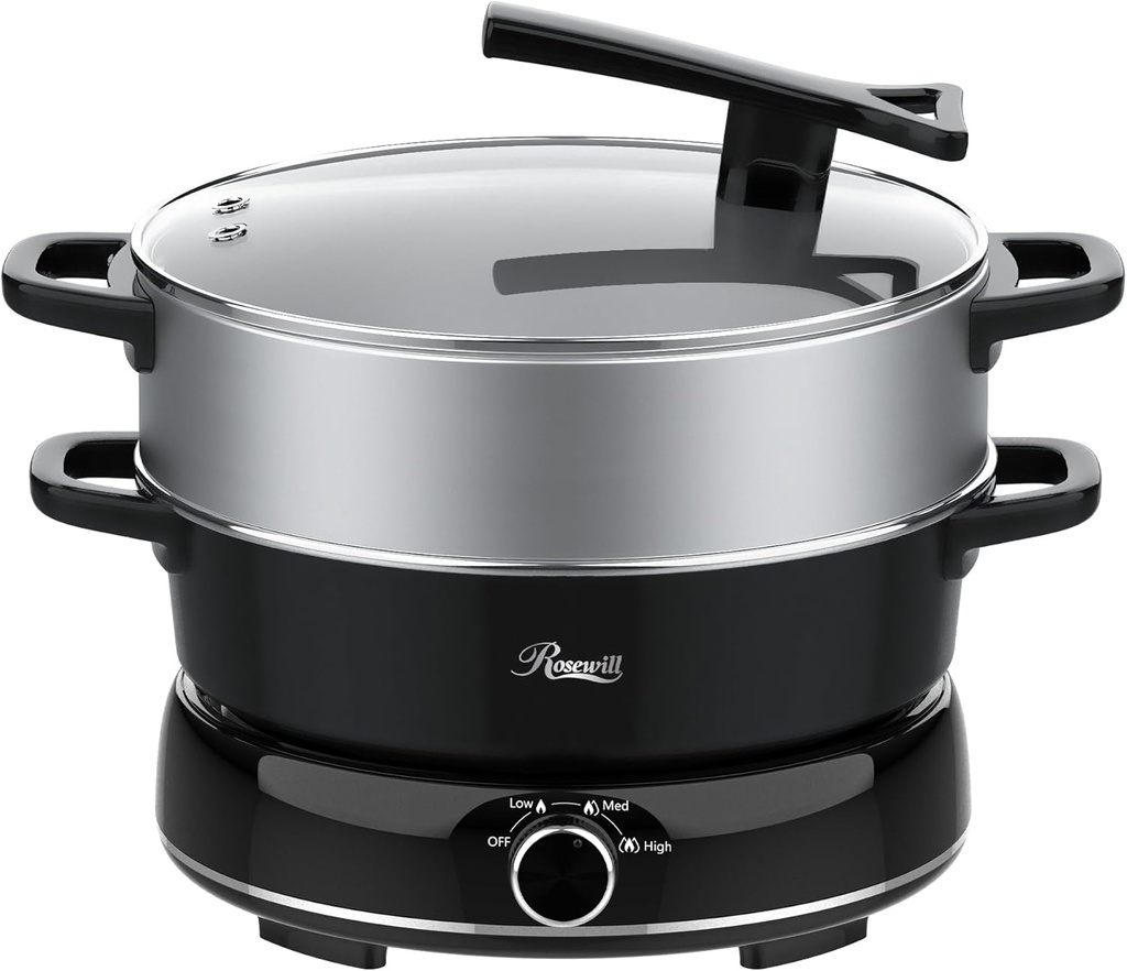 Rosewill 12.7 QT Electric Hot Pot Slow Cooker with Multiple Functions, Split Design with 11.8 inch Wider Cooking Pot and SUS Steam Basket, 1600W High Power, Includes Utensils - Black