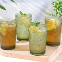 Darlion Vintage Glassware Drinking Glasses Set of 4-13 oz Green Highball Glasses Water Tumbler, Embossed Glassware Cups for Juice, Beer, Cocktail, Whiskey, Various Mixed Drinks