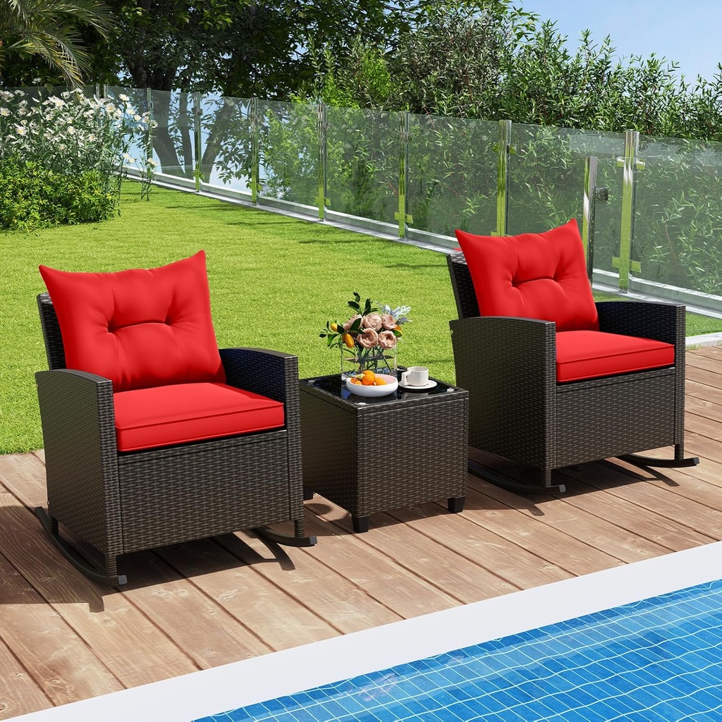 Nightcore 3 Piece Wicker Rocking Set, Patio Rattan Rocking Bistro Set with Tempered Glass Table with Bottom Stopper Design, Outdoor Furniture Set with Soft Cushions or Backyard, Poolside Porch (Red)