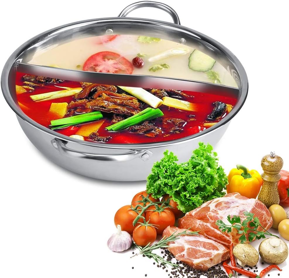 Stainless steel pot with divider, two-flavor separation induction cooker, double-sided soup cooker double-flavor Chinese shabu-shabu, suitable for family gatherings(32cm)