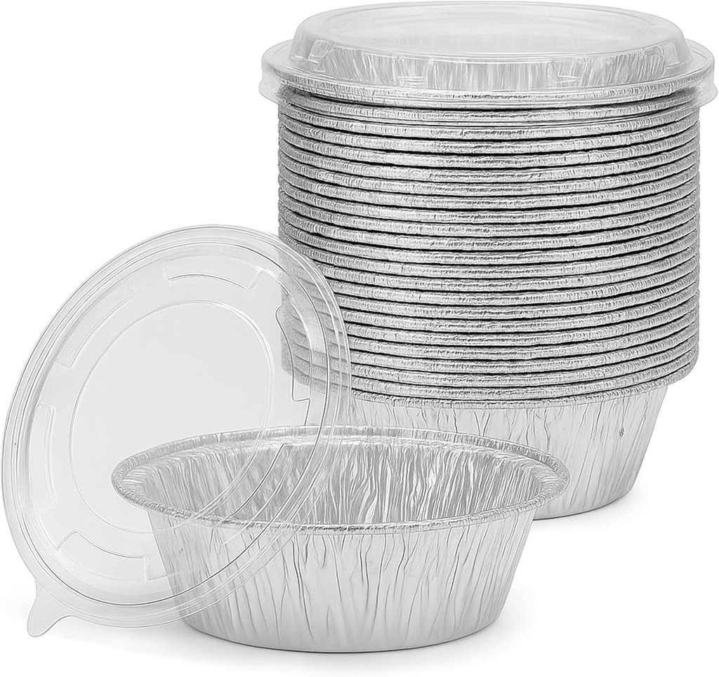 [20 Pack] 5" Disposable Foil Baking Pans with Lids – Round Aluminum Food Containers for Oven Use, Takeout, Storage, and Meal Prep