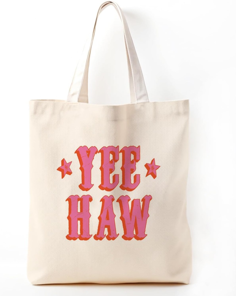Hot Pink Yee Haw Canvas Tote Bag - Cowgirl Gift, Reusable Grocery Bag