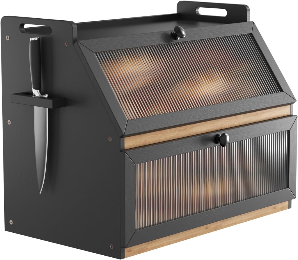 TGS Bread Box for Kitchen Countertop, Large Bread Storage Container for Homemade Bread, Wooden Farmhouse Breadbox Organizers for Counter Corner, Cabinet, Pantry, Cupboard, Double Layer,Black