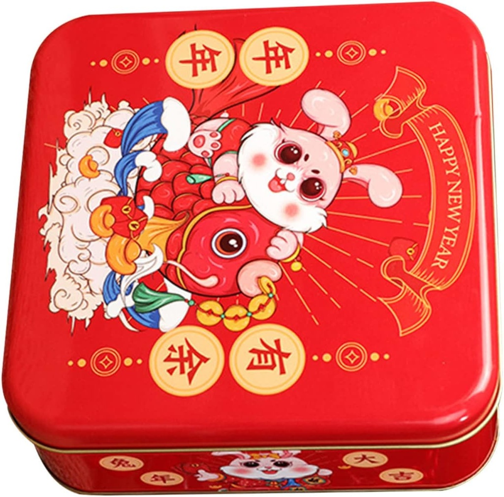 Veemoon Chinese Year Cookie Box Decorative Candy Storage Container for Festive Celebrations Sturdy Iron Design Adorable Bunny Pattern for Spring Festival