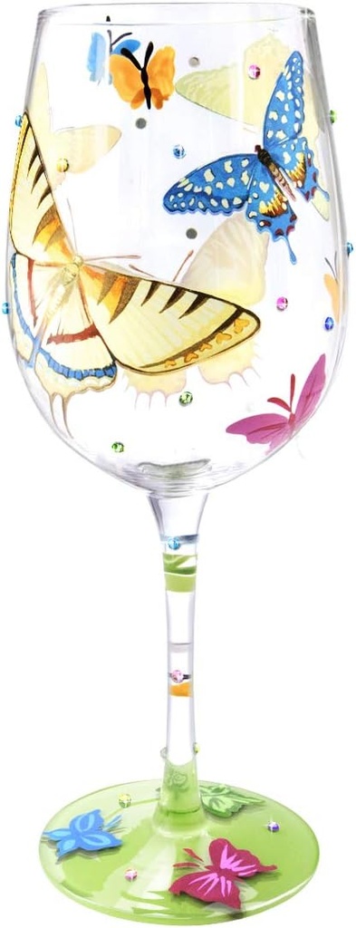 NymphFable Hand-painted Wine Glass Colorful Butterflies Artisan Painted Glass 15 oz Novelty Gift for Birthdays,Weddings,Valentine's Day