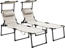 Outsunny 2 Pieces Outdoor Lounge Chair, Adjustable Backrest Folding Chaise Lounge, Cushioned Tanning Chair with Sunshade Roof & Pillow Headrest for Beach, Camping, Hiking, Cream White