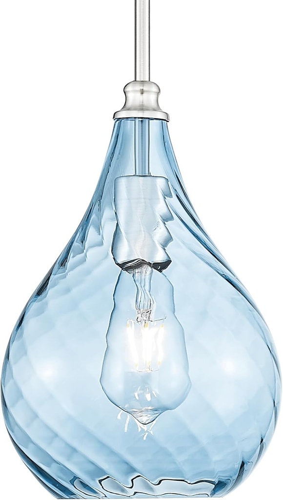 TENGXIN 8 Inch Hanging Light for Kitchen Island,Kitchen Pendant Lighting Over Island,Brushed Nickel Finished Blue Glass Pendant Light,Farmhouse Pendant Light for Dining Room,TXPLBN13-L