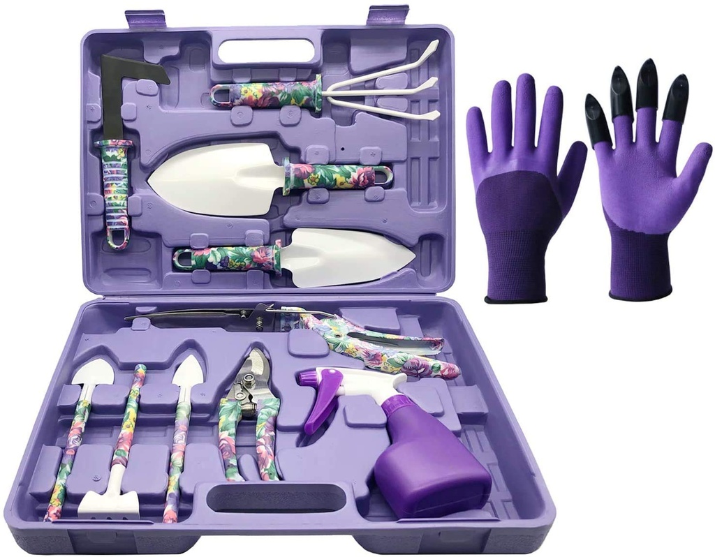 Garden Tool Set, 11 Pcs Gardening Tools Purple Floral Print. Best Gift for Women: Handle Trowel, Rake, Pruning, Shear, Sprayer, Shovel, and Gloves That Includes a Pruning Shears Carrying Case