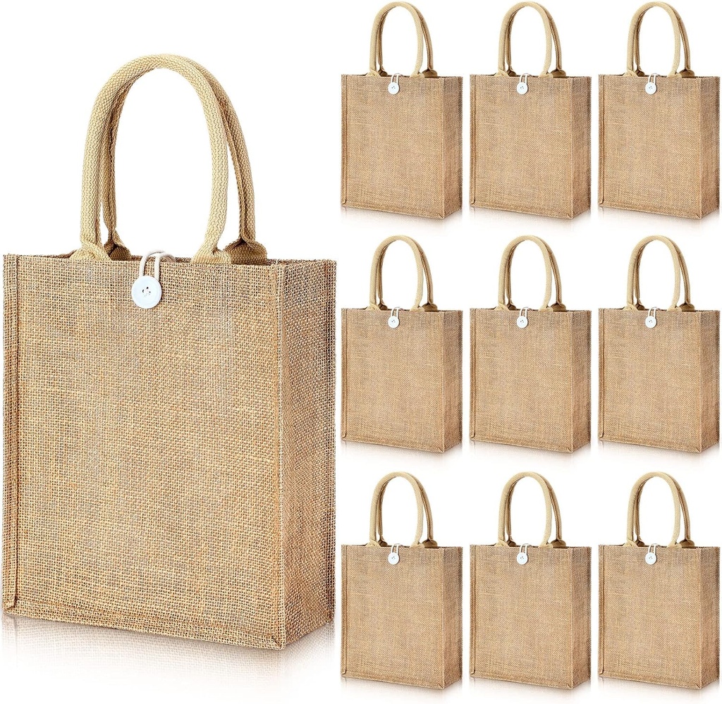 Shappy 10 Pcs Burlap Tote Bags with Handles and Button Bulk DIY Blank Canvas Jute Bags Reusable Bridesmaid Welcome Tote for Women Shopping Grocery Wedding Return Gift Beach, 11 x 9.4 x 4 Inch(Khaki)