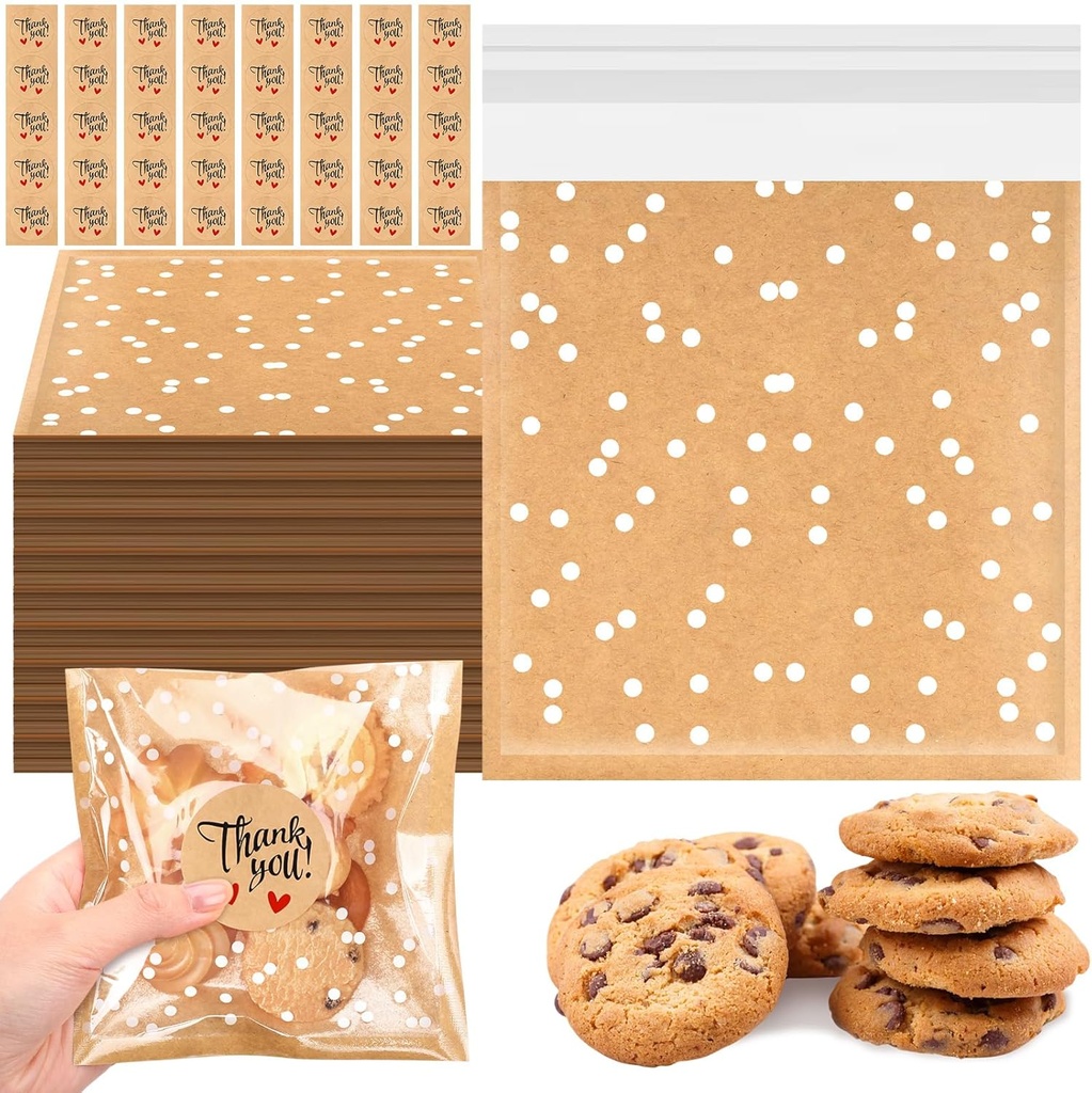 100 Pcs Self Adhesive Cookie Bags Cellophane Polka Dot Treat Bags Small Plastic 5.6 x 5.6 Inch with Thank You Stickers for Party Gift Giving Bakery Biscuit Candy Pastry