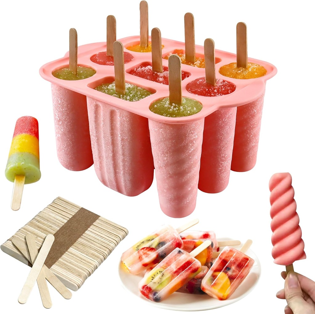 Popsicles Molds, 9 Cavity Silicone Popsicle Molds with 50 Pcs Wooden Sticks, BPA Free Popsicle Mold, Homemade Popsicle Ice Pop Maker, Easy Release Ice Cream Molds for Kids Adult DIY Summer Popsicles
