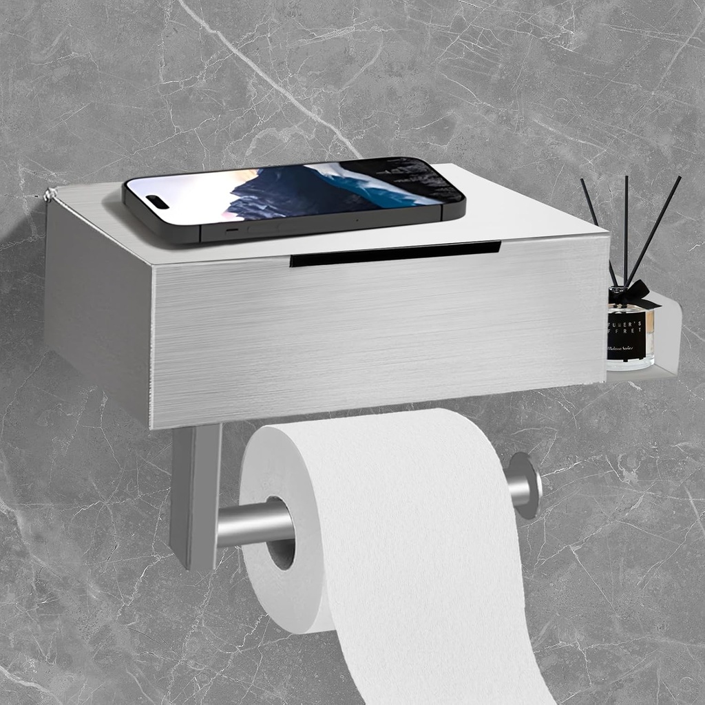 Paper Roll Holder,Space-Saving Bathroom Organizer - Silvery Metal Toilet Paper Holder with Tissue Box Storage for Modern Bathrooms