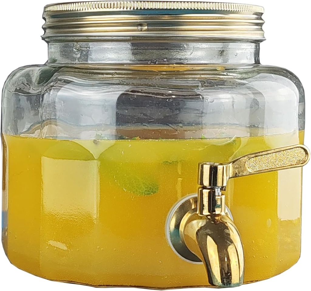 0.8 gallon (2.8L) Gold Glass Beverage Drink Dispenser for Fridge with Spigot,Golden Stainless Steel Spout and Lid, Drink jar for Fridge with Water Juice Ice Sun Tea,Small Mini Cold Drink