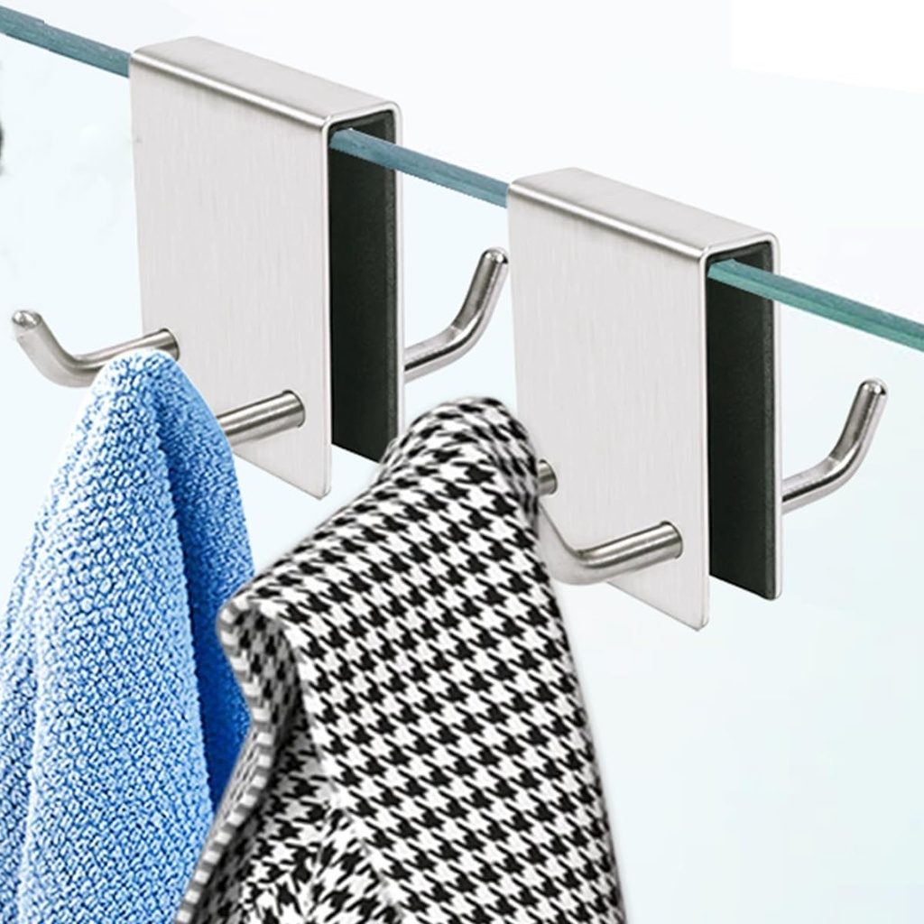Shower Door Hooks, Over Glass Towel Hooks for Bathroom, Suit for Frameless Glass Shower Door 0.43in (<11mm), Stainless Steel, Drilling-Free, 2 Pack (2Pack Silvery)