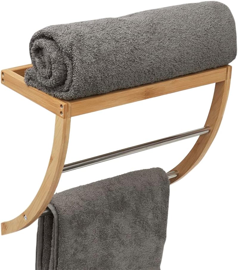 Bamboo Wall Mount Shelf with 2-Tier Curved Towel Rack by Home Basics | Open Slanted Shelf Organizer Rack with Natural Finish | Strong Steel Rod Towel Bars
