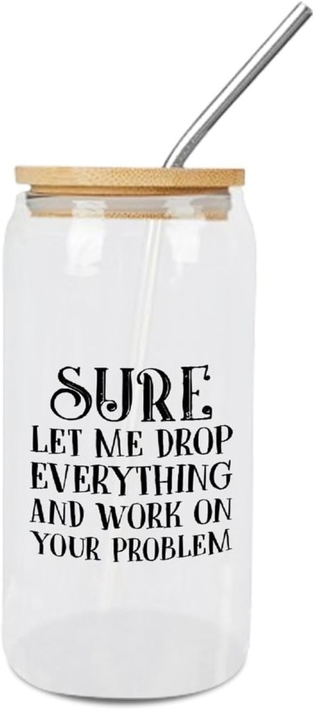 Quotes Glass Cups with Bamboo Lids And Straw 16 Oz, Sure Let Me Drop Everything And Work On Your Problem Iced Tea Glasses Drinking Glasses Set Tumbler Glass Can Coffee Cups, Drinking Glassware