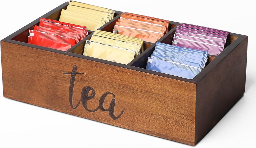 Tea Bag Organizer,Acacia Wood Tea Storage Containers with 6 Compartments, Sugar Packet Holder,Tea Bag Caddy Box for Cabinet Countertop Office (Brown-Labeled "Tea")