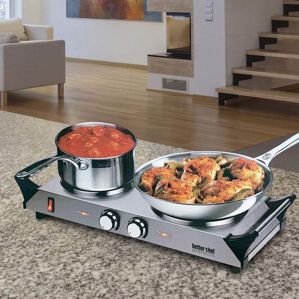 Portable Double Electric Burner – Solid Element Hot Plate with Adjustable Temperature Control, Stainless Steel Countertop Cooktop with Dual Heating Elements & Safety Handles (IM-309DBDISCO)