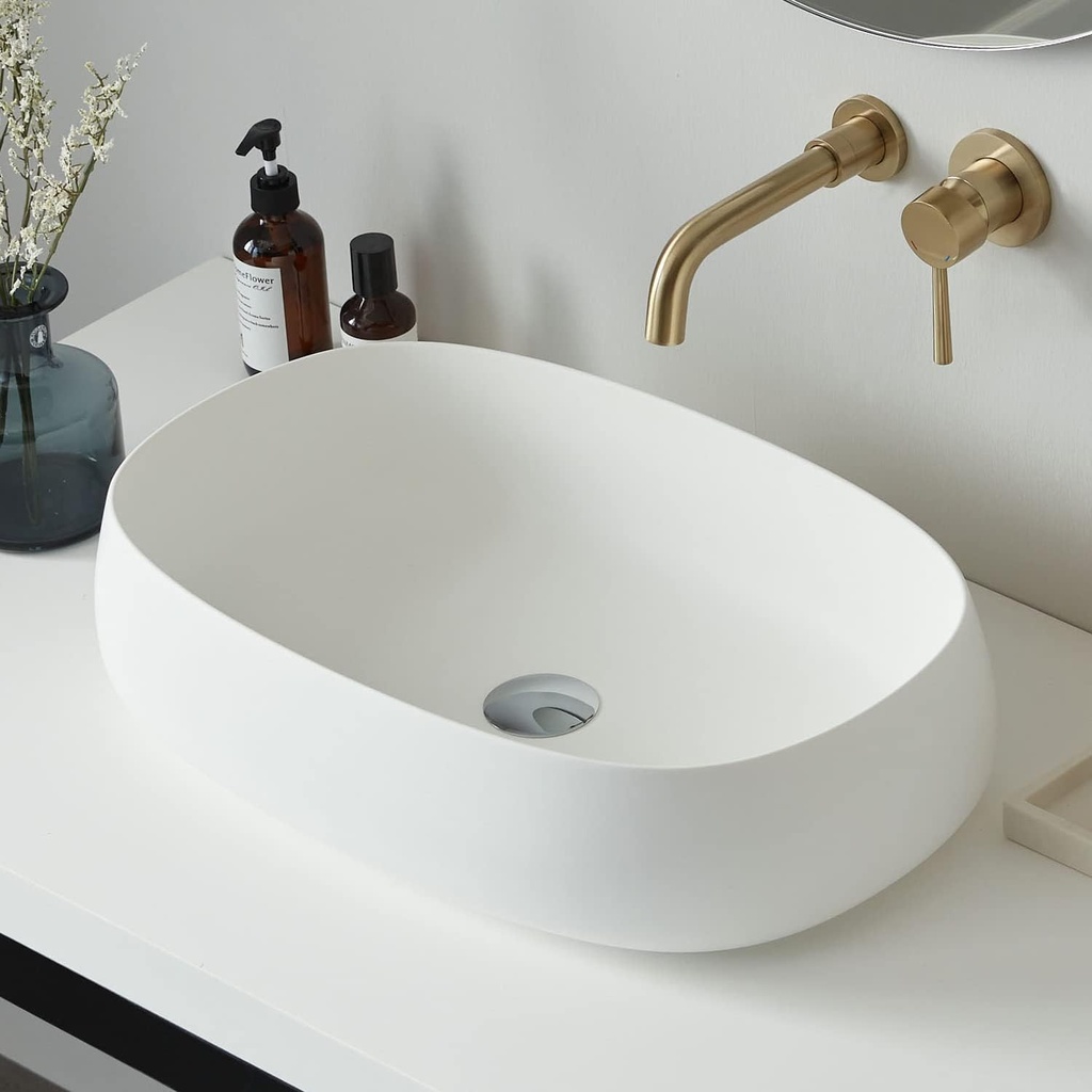 Cpingao Bathroom Vessel Sink, 23" x 15" Oval Shape Countertop Bathroom Artistic Stone Resin Vessel Bowl Basin with Pop-up Drain, Matte White 2266