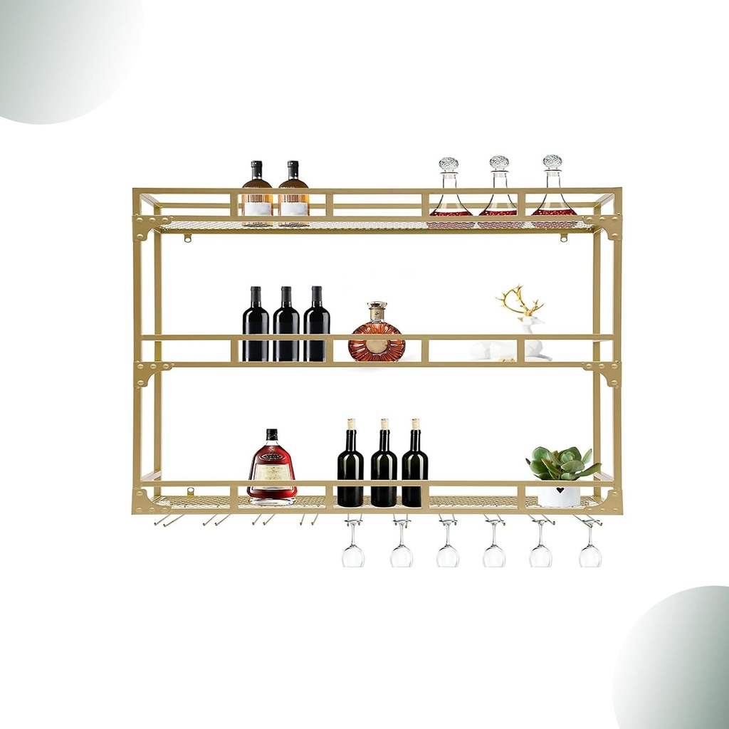 3-Tiers Wall Mounted Wine Rack,Wine Rack with LED Lighting Wall Mounted Glass Holder,Metal Bottles Shelves,Hanging Stemware Goblet,Liquor Display Shelf,for Mini Cellar(Gold,39.3in/100cm)