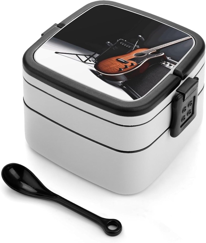 Bento Box Stackable Lunch Box with 2 Compartments Leak-Proof Food Storage Containers Musical Instrument Guitar Bento Lunch Box for Adults Lunch Containers with Utensil Set