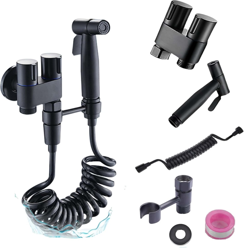 Toilet Faucet Splitter 2-Way Double Faucet Adapter, Jarler Handheld 1-in-2-Out Dual Control Valve Bidet Sprayer, Stainless Steel & Brass, Black, Bathroom Accessory (Black)