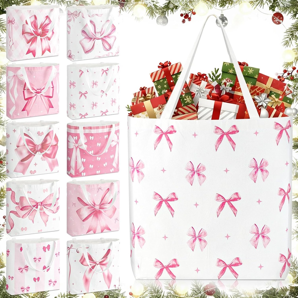 10 Pcs Christmas Pink Bow Canvas Tote Bags Christmas Gift Bag Coquette Aesthetic Canvas 18.5 * 14.9inch Women Bag with Handles Reusable Preppy Stuff Shopping Large bags for Xmas gift Favors