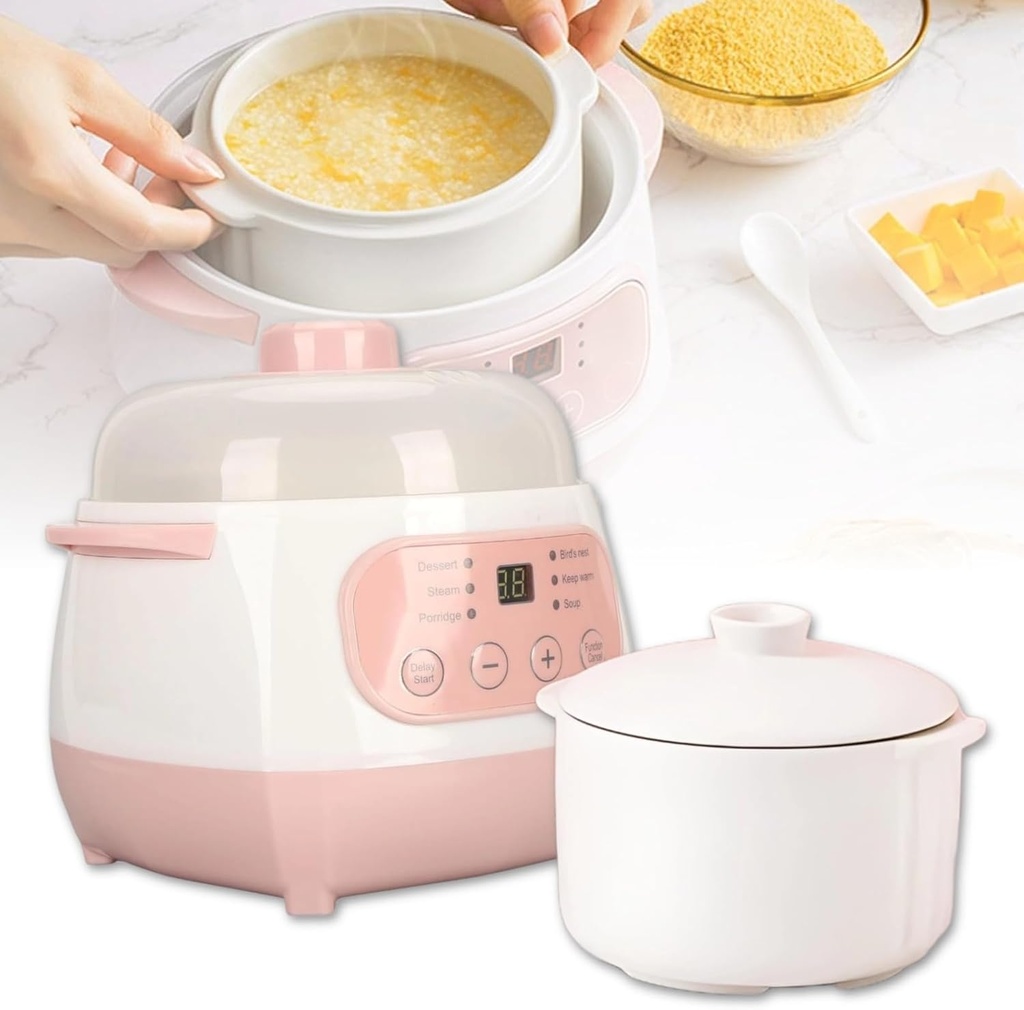 Electric Slow Cooker, 1L Mini Smart Ceramic Pot Soup Porridge Cooker with Lid, Electric Stew Pot Prevent Dry Burning, Time Appointment with 24H Reservation, Small Cooking Pot Kitchen Appliances