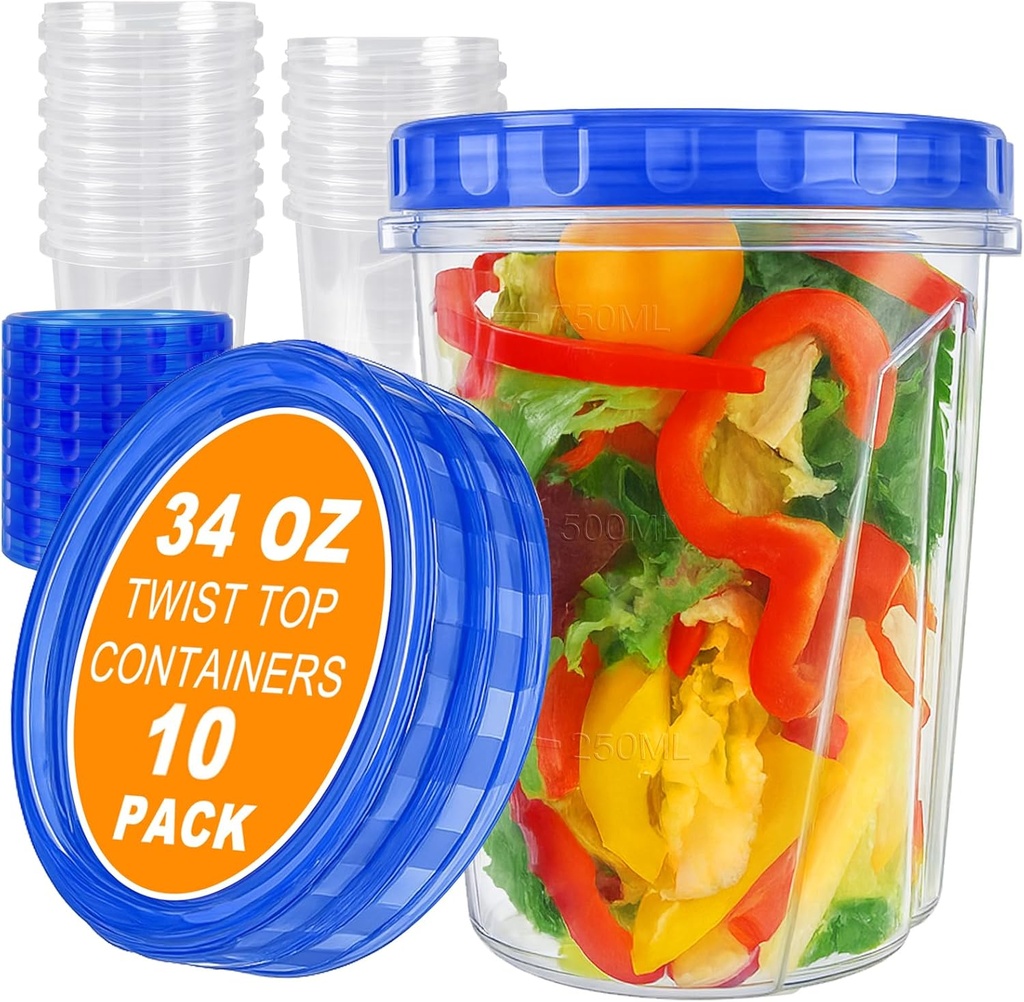 10 Pack 34oz Reusable Freezer Food Storage Containers with Twist Top Lids, Airtight Plastic Meal Prep Food Containers for Leftover Lunch Fruit Salad Oats, Clear Large Soup Container Microwave Safe