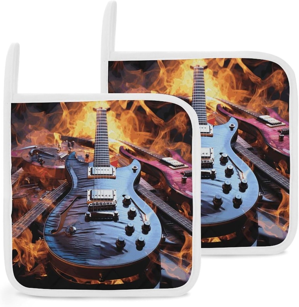 Pot Holders for Kitchen Resistant Potholder Set Hot Pads Magic Electric Guitar Music Printed Oven Pot Holders for Cooking and Baking 2 Pack