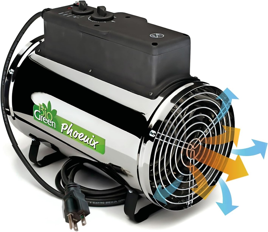 Bio Green PHX 2.8/US Phoenix Greenhouse Heater – 220-240V - 9553 BTU Stainless Steel – Electric Heating and Cooling System for Greenhouse, Shed, Garage – Corded Garage Heater with Frost Detection