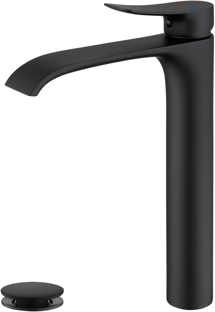 Vessel Sink Faucet, NEWRAIN Matte Black Waterfall Tall Bathroom Sink Faucet, Single Hole 1 Handle Tall Vanity Faucet, Brass Vessel Faucet with Water Supply Hose and Pop Up Sink Drain