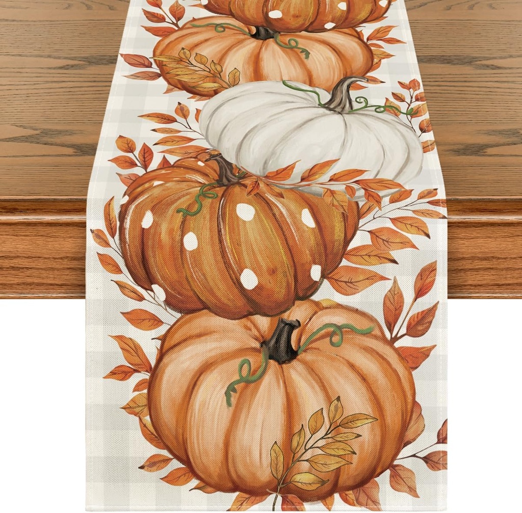 Artoid Mode Buffalo Plaid Orange Pumpkins Eucalyptus Fall Table Runner, Autumn Thanksgiving Kitchen Dining Table Decoration for Home Party Decor 13x72 Inch