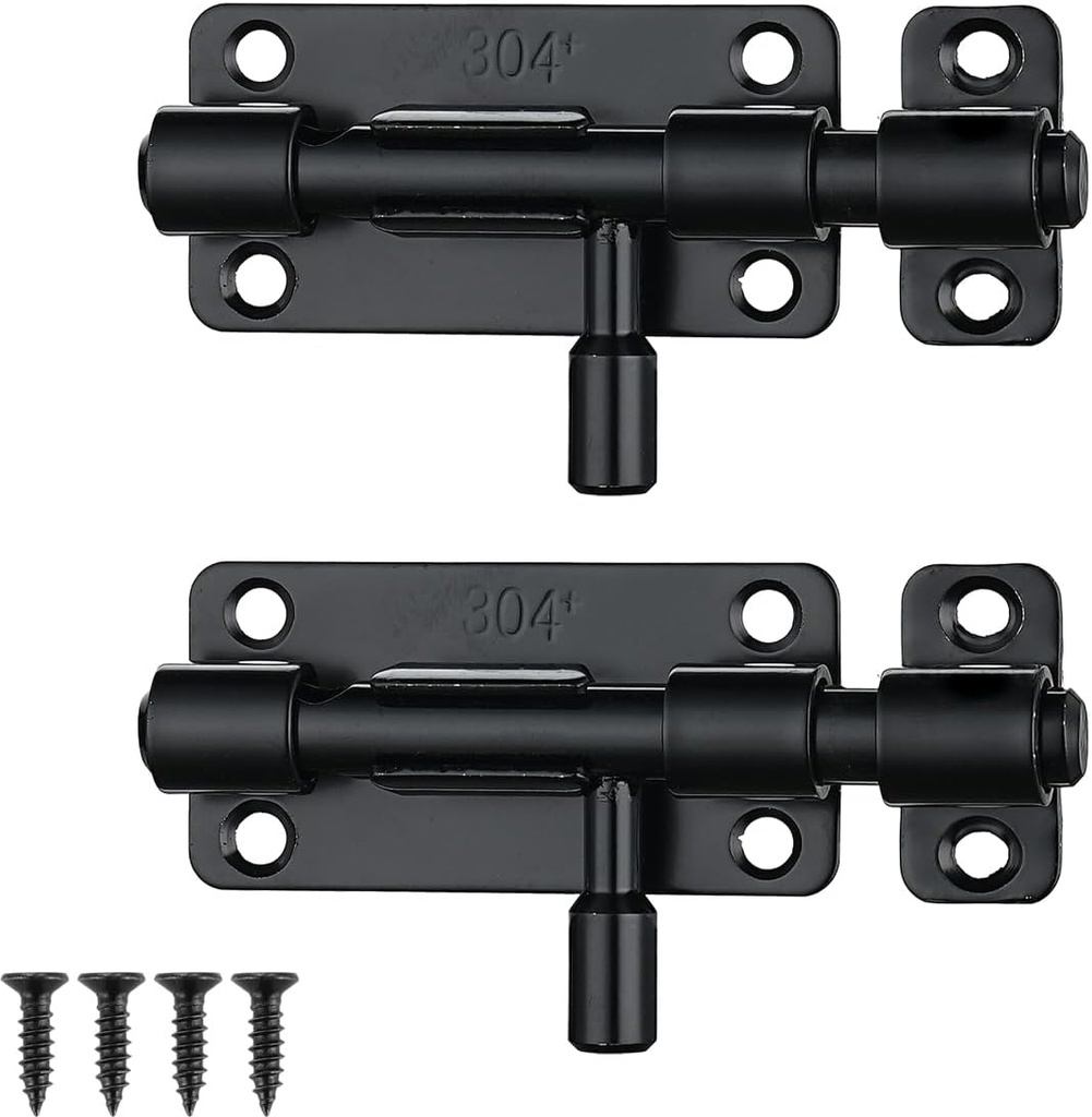 JQK Door Security Slide Latch Lock Barrel Bolt, 304 Stainless Steel Sliding Gate Latches Thickened 1.4mm with Padlock Hole, Black, 2 Pack HBB120-BK-P2