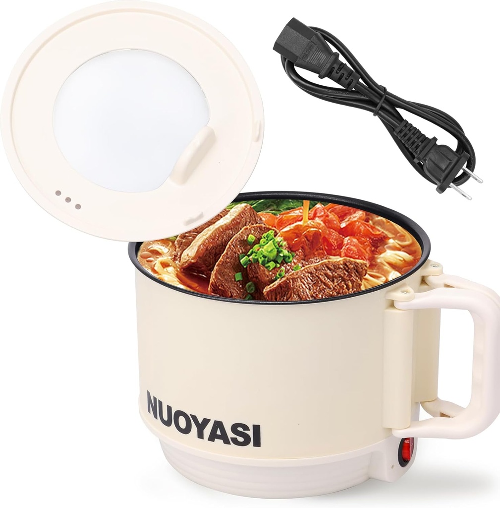 Electric Hot Pot 1.8L 450W Ramen Cooker Nonstick Multi-Functional Lazy Pot with Over Heating and Dry Burning Protection for Pasta, Noodles, Soup, Egg Fit Dorm, Office Use(White-Monolayer)