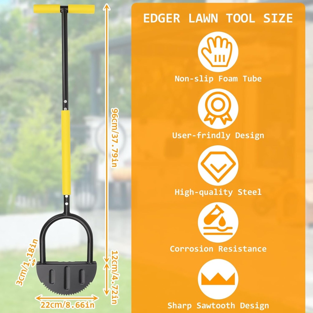 Manual Edger Lawn Tool 37-inch, Half Moon Edger Chopper Lawn Tool with V-Shape Serrated Blade,Solid Steel Lawn Edger Tool with Soft T-Grip and Wide Footplate for Sidewalk,Grass,Yard,Landscape