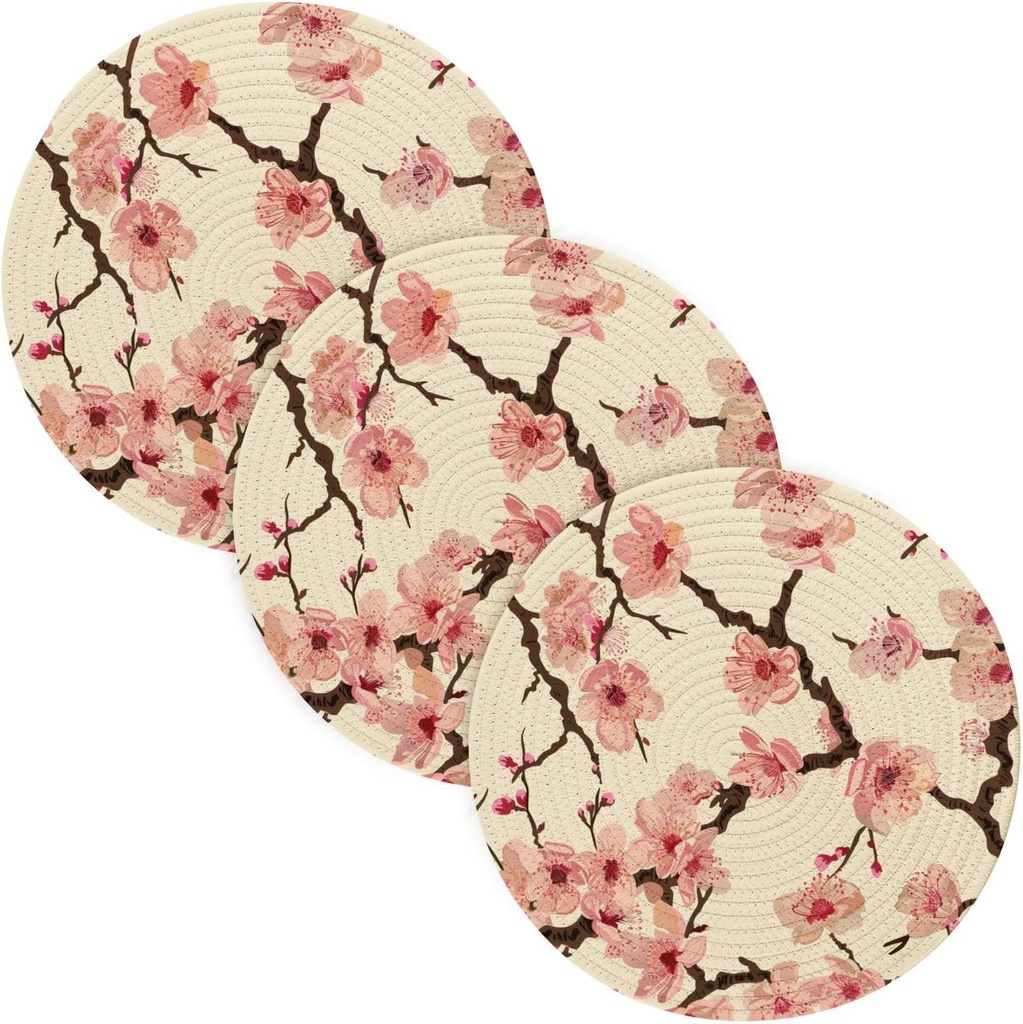 Japanese Cherry Blossom 3 Pcs Trivet Mat Set for Crock Pot 15in Heat Resistant Mat Kitchen Counter Decor