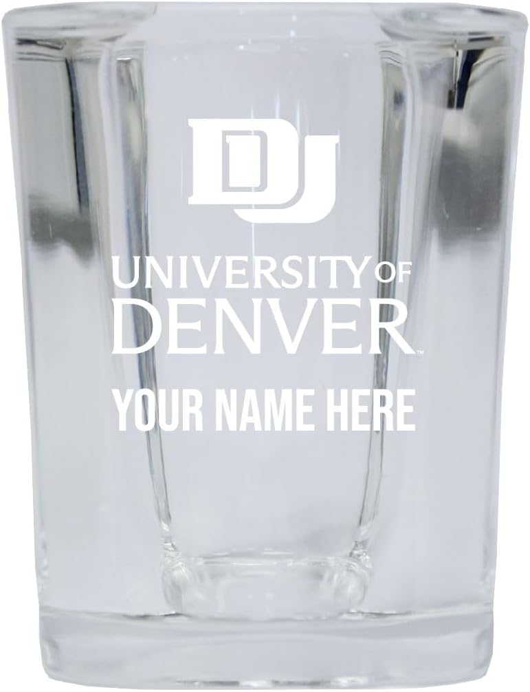R and R Imports University of Denver Pioneers Customizable 2 Ounce Engraved Shot Glass Square Officially Licensed Collegiate Product 4-Pack