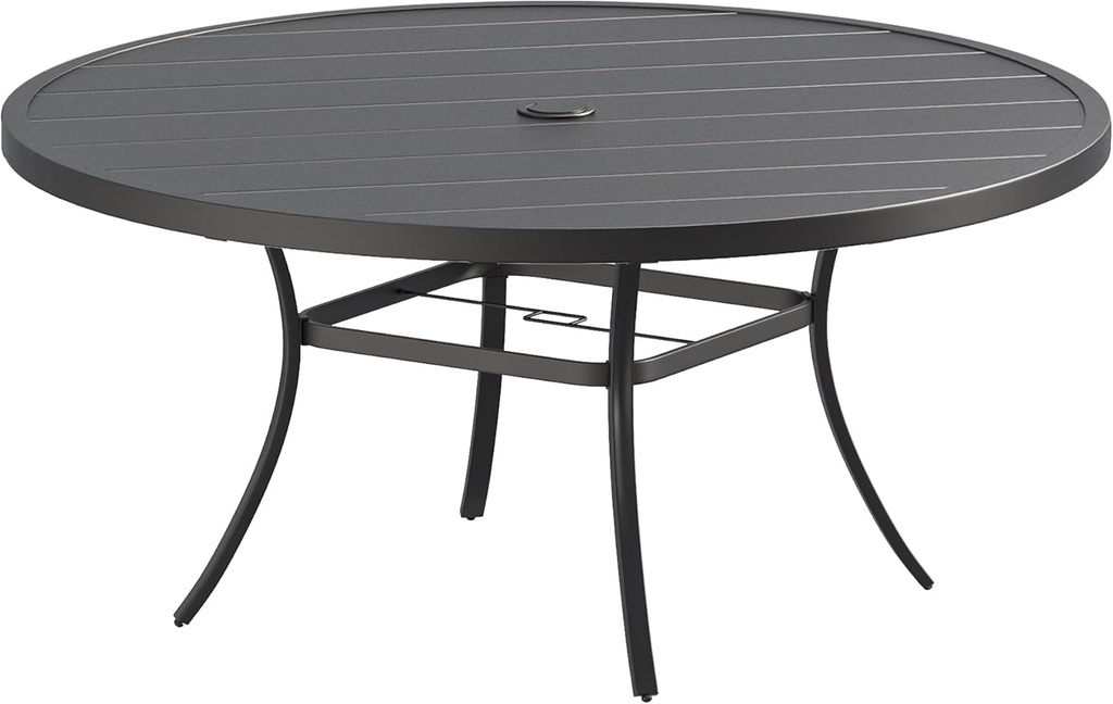 VICLLAX 60" Outdoor Round Patio Dining Table for 8-10, All Weather Metal Dining Table with Umbrella Hole for Deck Lawn Garden Backyard, Black