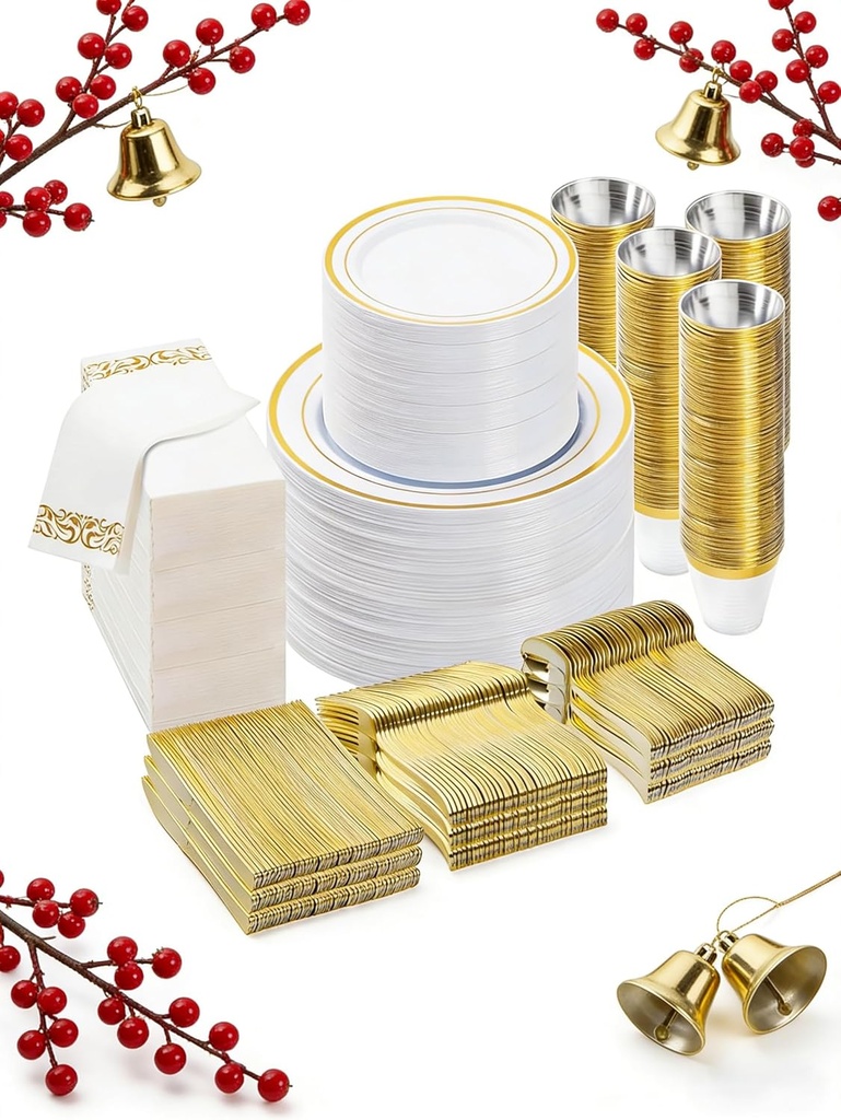 BESTVIP 700 PCS Gold Dinnerware Set for 100 Guests, Plastic Dinnerware Set for Party, Christmas, Halloween, Include: 200 Plastic Plates, 100 Gold Silverware, 100 Cups, 100 Paper Napkins