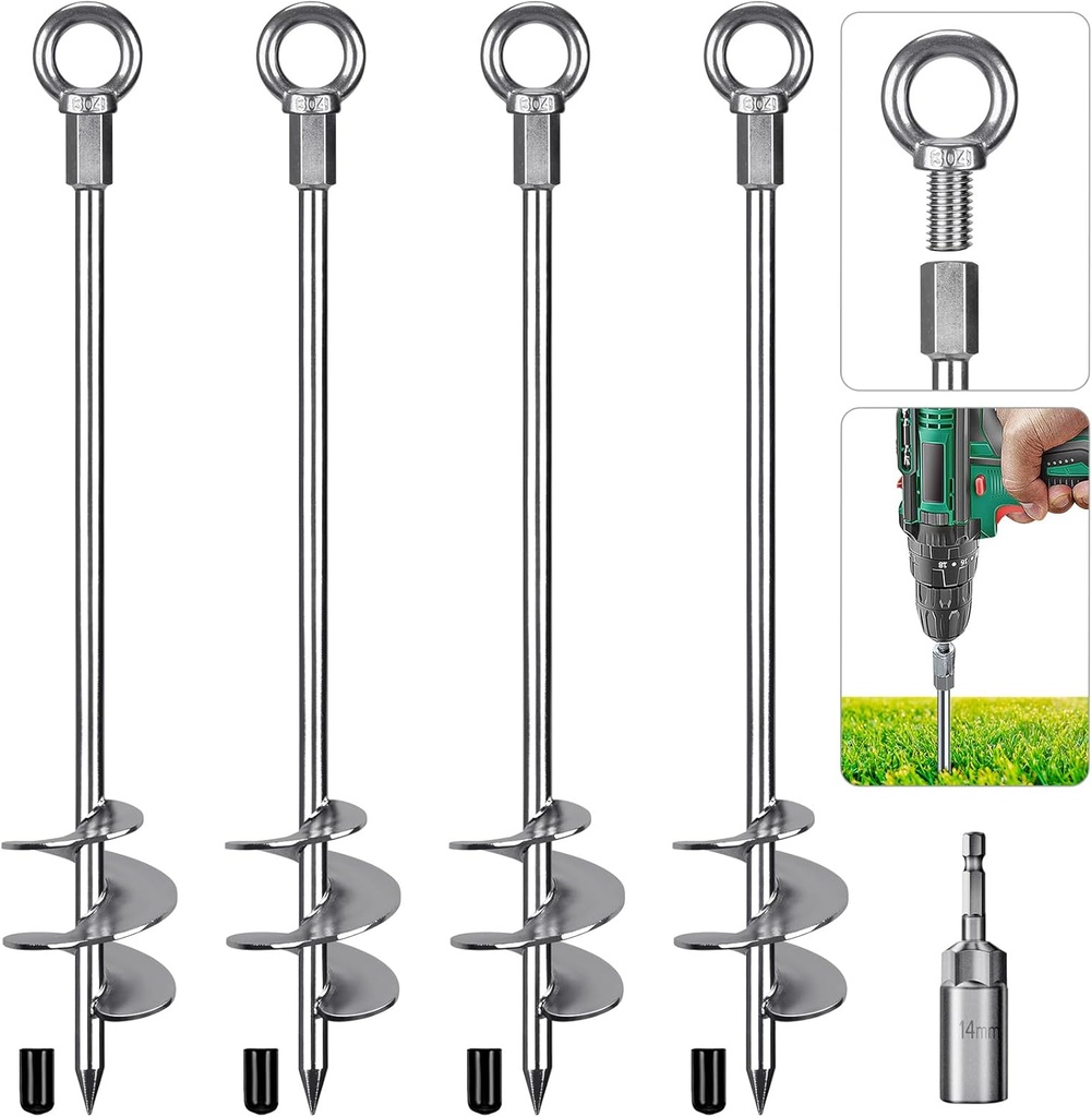 30'' Ground Anchors Screw in Heavy Duty 12mm Solid Steel, 3" Spiral Blade with Smooth Edges, Fully Welded Design for Mobile Home, Shed, Trampoline, Swing Set, Carport, Earth, Tent, 4Pack