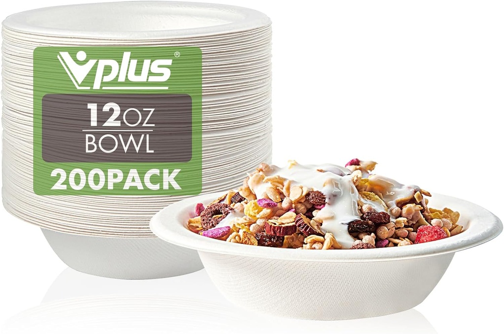Vplus 200 Pack 12 OZ Paper Bowls, Disposable Compostable Bulk, Eco-friendly Bagasse, Heavy-duty Bowls Perfect for Milk Cereals, Snacks, Salads